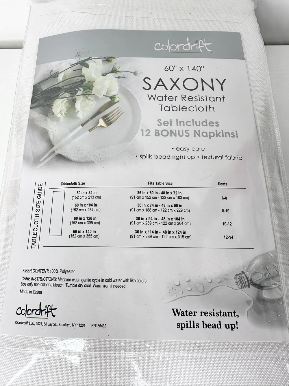 New Colordrift Saxony 60” x 140” Oblong Tablecloth Napkins white water resistant